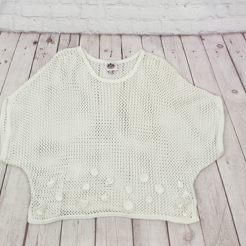 Juicy Couture Boxy 100% Cotton Floral Embellished Short Dolman Sleeve Crochet